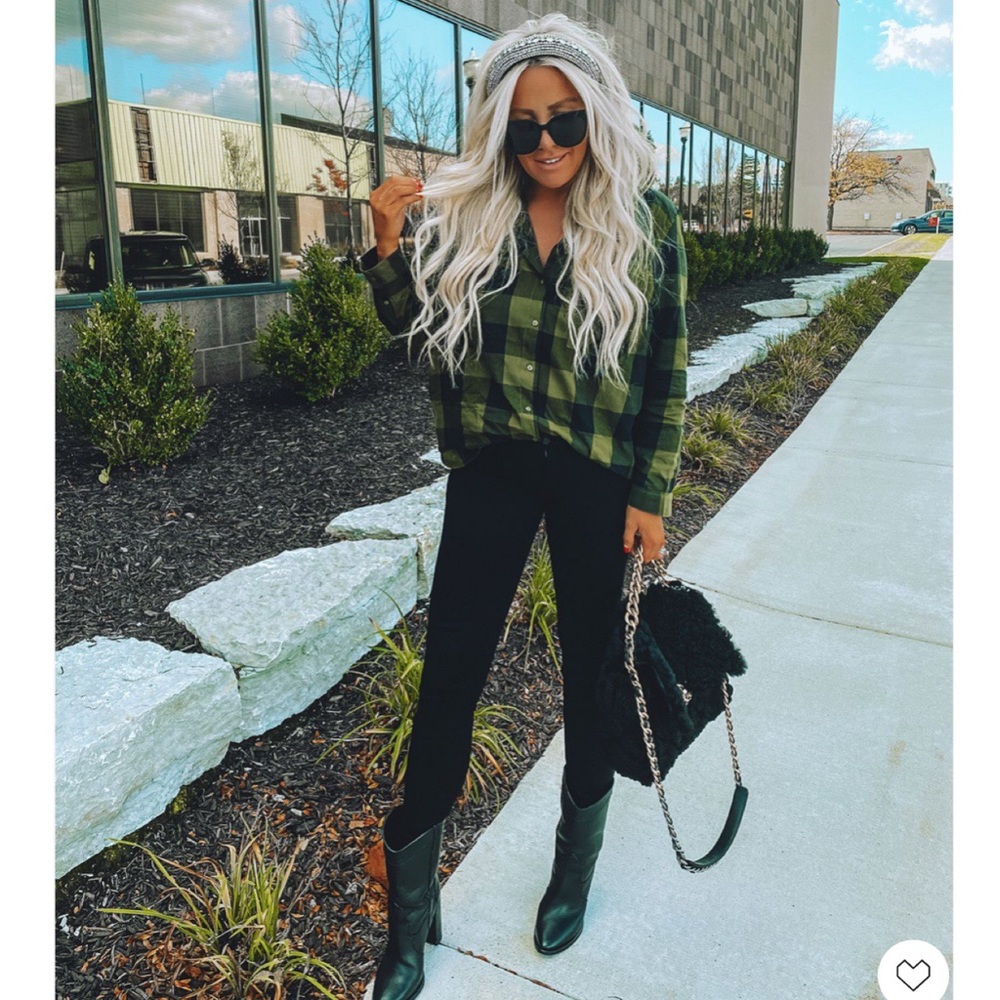 Khaki green black checkered shirt